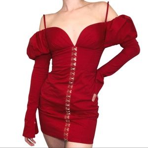 OFF SHOULDER PLUNGE NECK MINI DRESS IN RED